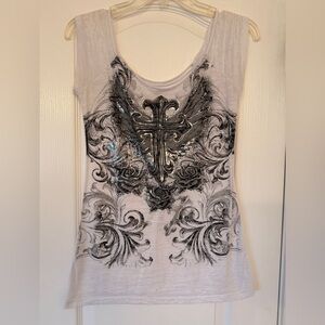 Women's White Graphic Tank Top with Black Cross Design